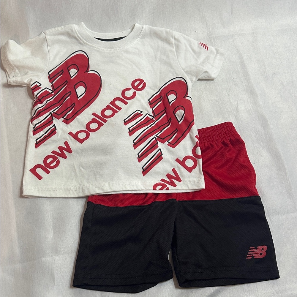 New Balance Kids' White Tee and Red-Black Shorts Set 2T